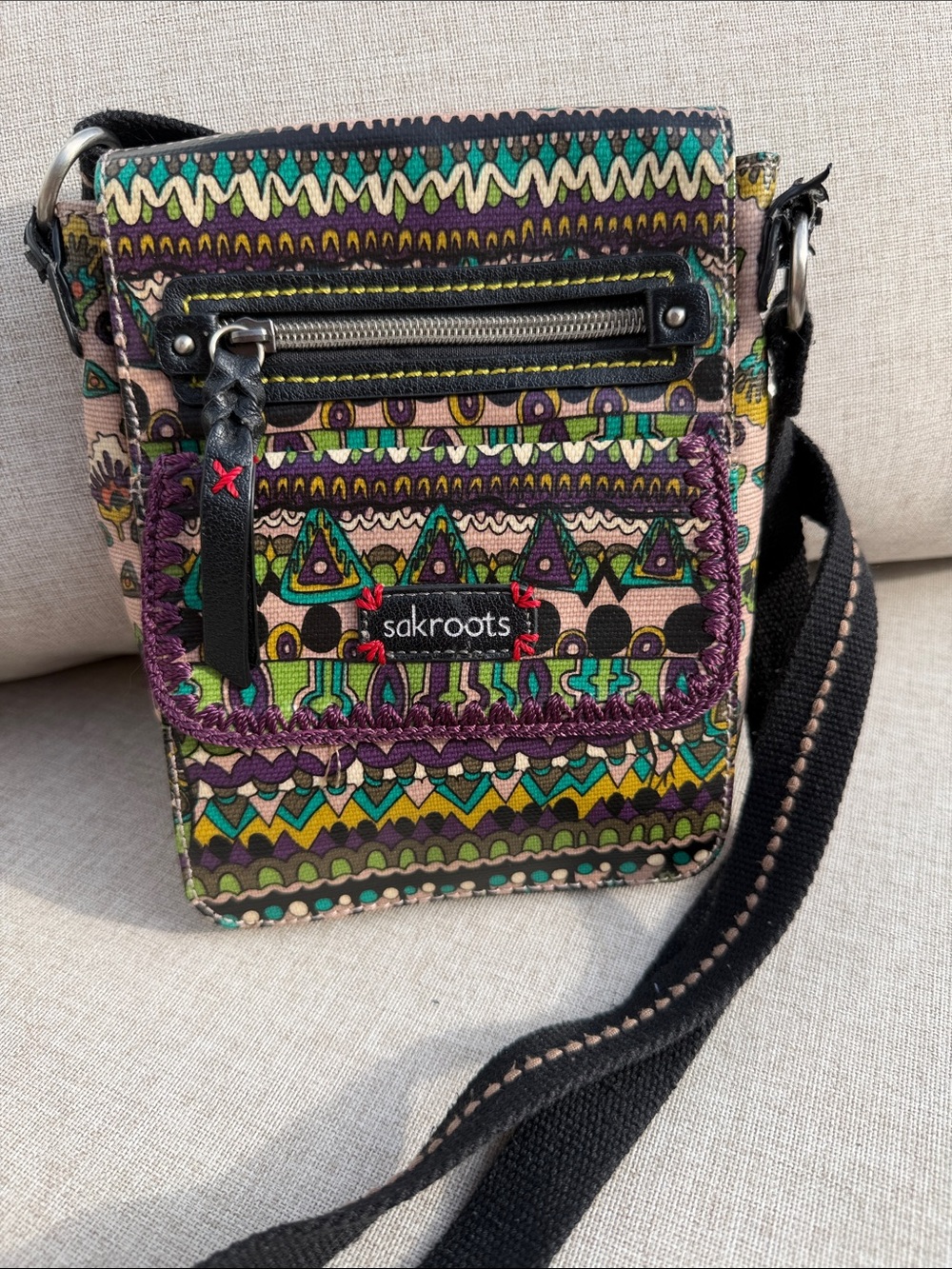 Sakroots Purple Green Multi Patterned Crossbody Bag